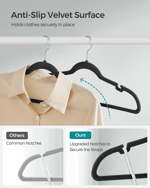 SONGMICS Velvet Hangers 50 Pack, Non-Slip Clothes Hangers, with Shoulder Notches, Pants Bar, 360° Swivel Hook, Space-Saving, for Closet, Ink Black UCRF029B05