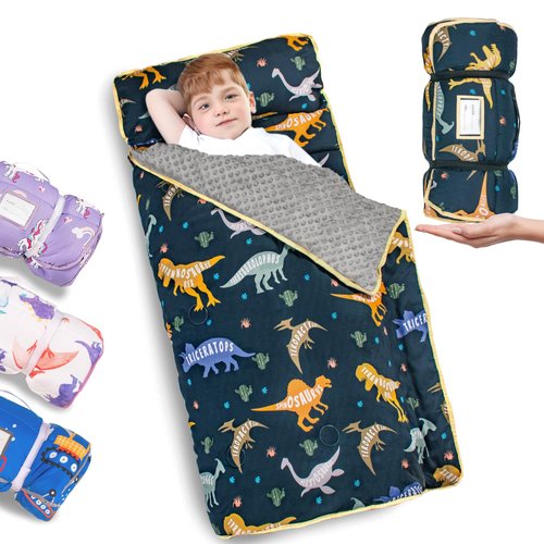 Primlect Thick Toddler Nap Mat with Removable Pillow and Minky Blanket, 45" x 35" Sleeping Bag, Fits Kids 24–36 inch, Washable, Portable for Daycare, Boys and Girls (Dinosaur)