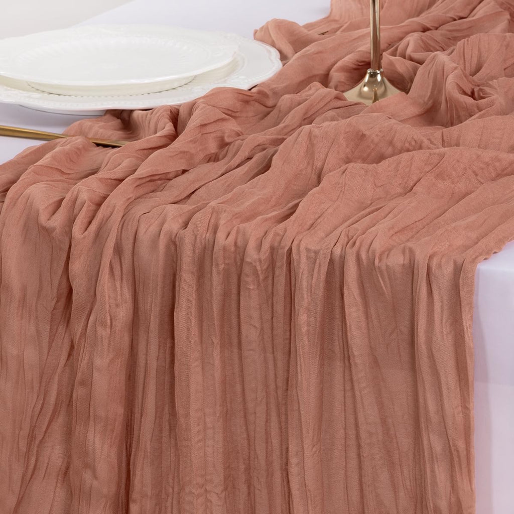 Socomi Cheesecloth Table Runner - Dusty Rose Boho Style | 120 Inch Sheer Decor for Weddings & Events