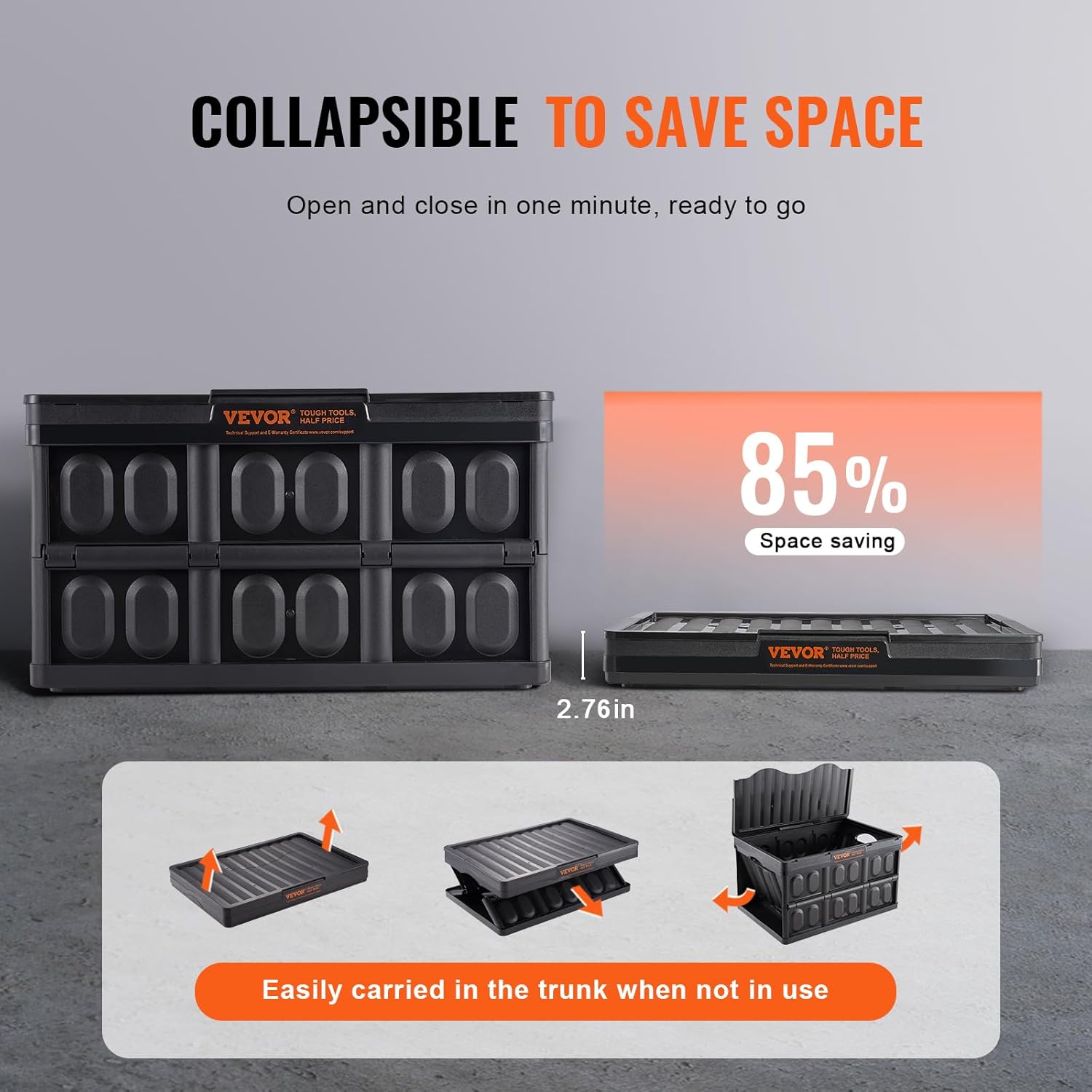 VEVOR 65L Collapsible Storage Bins - Stackable Utility Crates with Lids for Organizing Tools & More