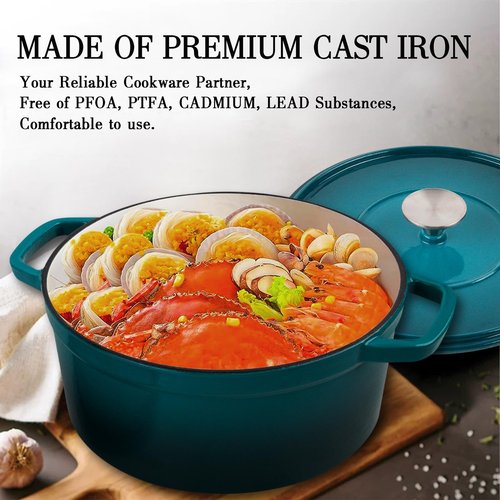 AILIBOO cast iron dutch oven pot with lid - 3qt size ideal for bread baking & elegant home use,Gradient Teal