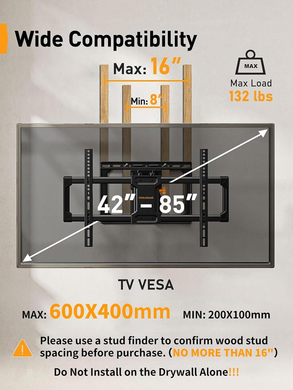 Perlegear Full Motion TV Wall Mount - Fits 42-85 Inch TVs Up to 132 lbs | Tilting Design with Leveling Adjustment