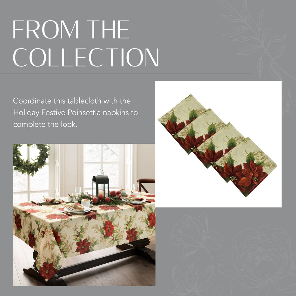 Elrene Home Fashions Festive Poinsettia Holiday Wrinkle Resistant Fabric Tablecloth, Multi, 60"x84" Oval
