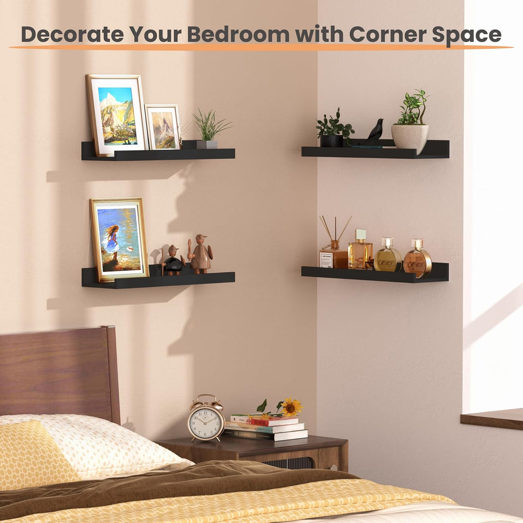 Upsimples Floating Wall Shelves - Set of 6 Decorative Wood Shelves for Bedroom, Living Room, Kitchen | Black
