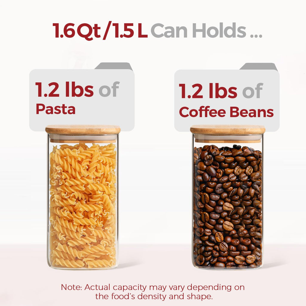 KTMAMA Airtight Glass Storage Canister with Lids, Kitchen Pantry Storage Jar with Labels, Food Storage Container for Sugar Tea Coffee Beans Snacks (2 pack 1.6qt)