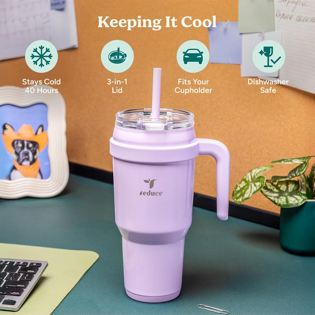 REDUCE 40 oz Stainless Steel Tumbler - Insulated Travel Mug with Handle & Reusable Straw | Keeps Drinks Cold 24 Hrs, Dishwasher Safe - Lilac Bud