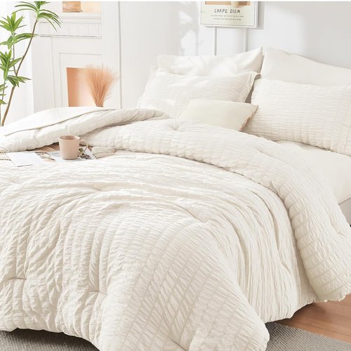 HYMOKEGE Ivory Twin Comforter Set - 5-Piece All-Season Luxury Bedding Set with Sheets & Pillowcases