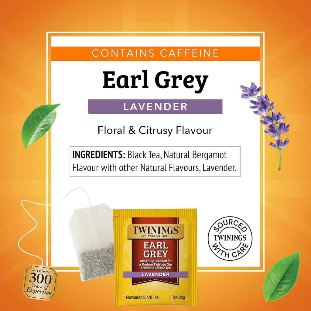 Twinings Earl Grey Lavender Black Tea - Citrus & Bergamot Flavor, 20 Individually Wrapped Teabags