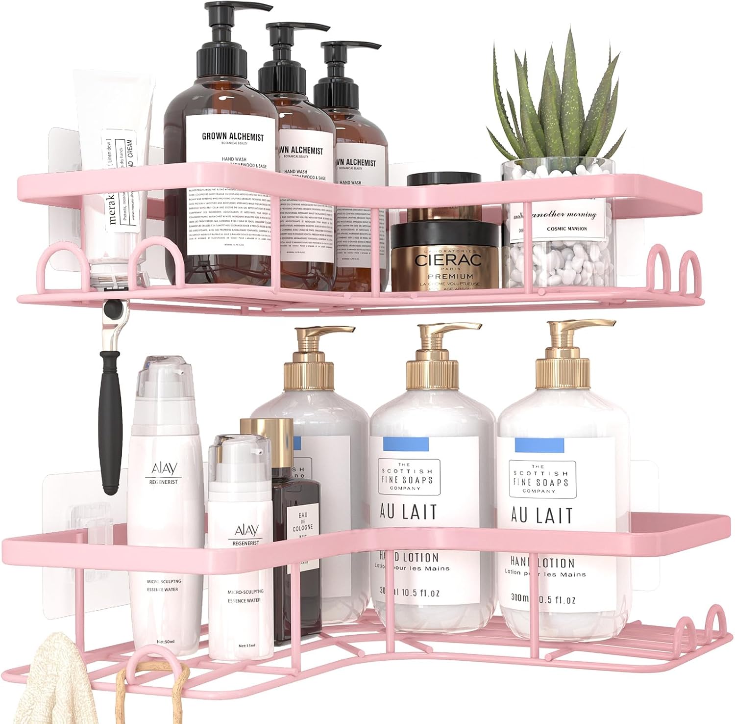 Sakugi Corner Shower Caddy - Rustproof Stainless Steel Organizers with 8 Hooks | No Drilling, Space-Saving, Pink, 2 Pack