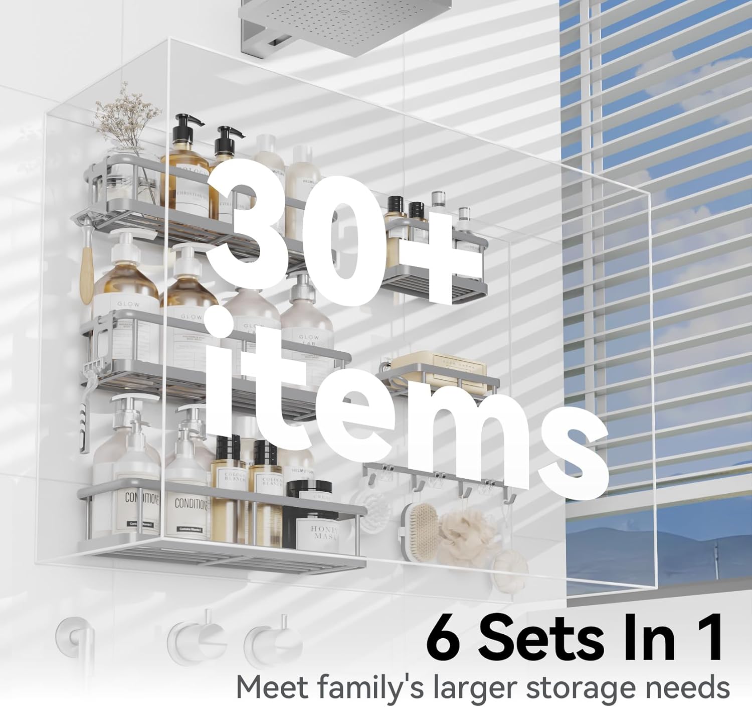 YASONIC Shower Caddy - Large Capacity Organizer with Soap Holder & 12 Hooks | Rustproof Grey Shelves