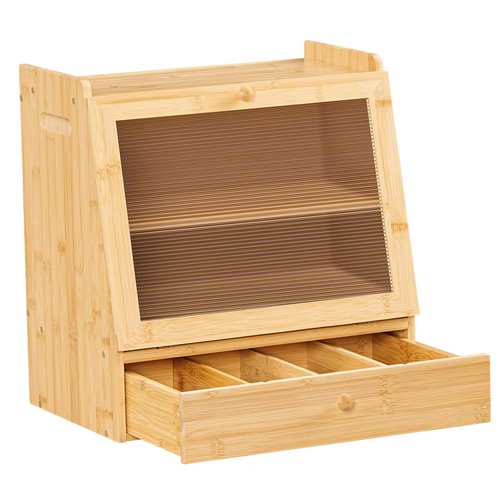 HOOBRO Bread Box, Bamboo Bread Box Storage Container with Drawer, 2-Tier Kitchen Countertop Food Storage Box with Acrylic Door, for Food, Natural YL21MB01