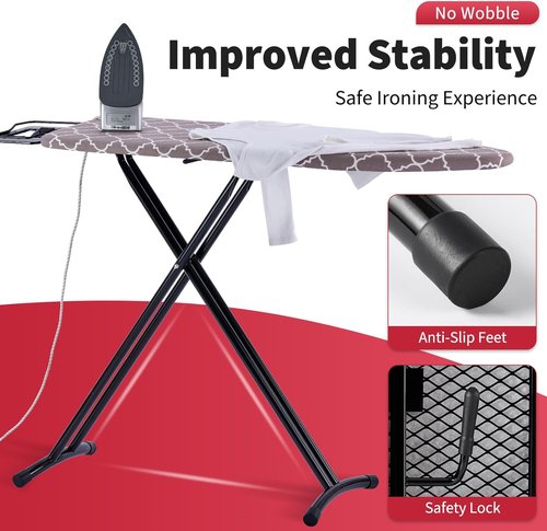 Full Size Ironing Board - 57” L x 15” W | Sturdy & Adjustable with Heat Resistant Cover - Black Gray