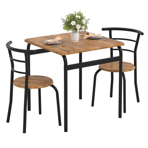 VECELO 3 Piece Dining Table & Chairs Set for 2, Metal and Wooden Square Kitchen Dinette Set for Small Space, Breakfast Nook, Saving Space, Brown