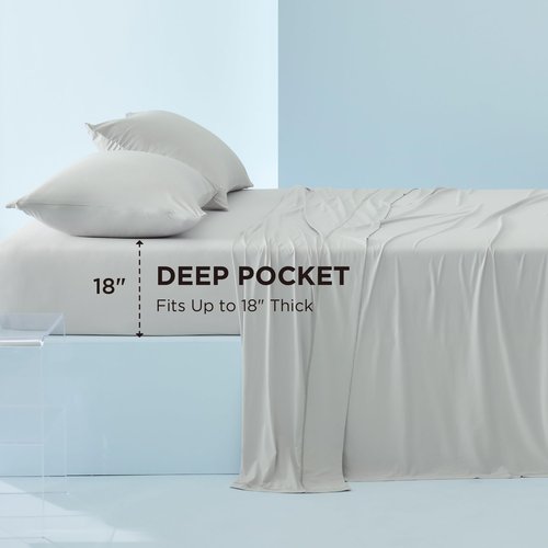 Bedsure Cooling Sheets Queen Size, Cooling Bed Sheets for Hot Sleepers, Chill Cool Sheet, Deep Pocket Up to 18 Inches, Soft & Breathable Queen Sheet Set, 4 Pieces, Grey
