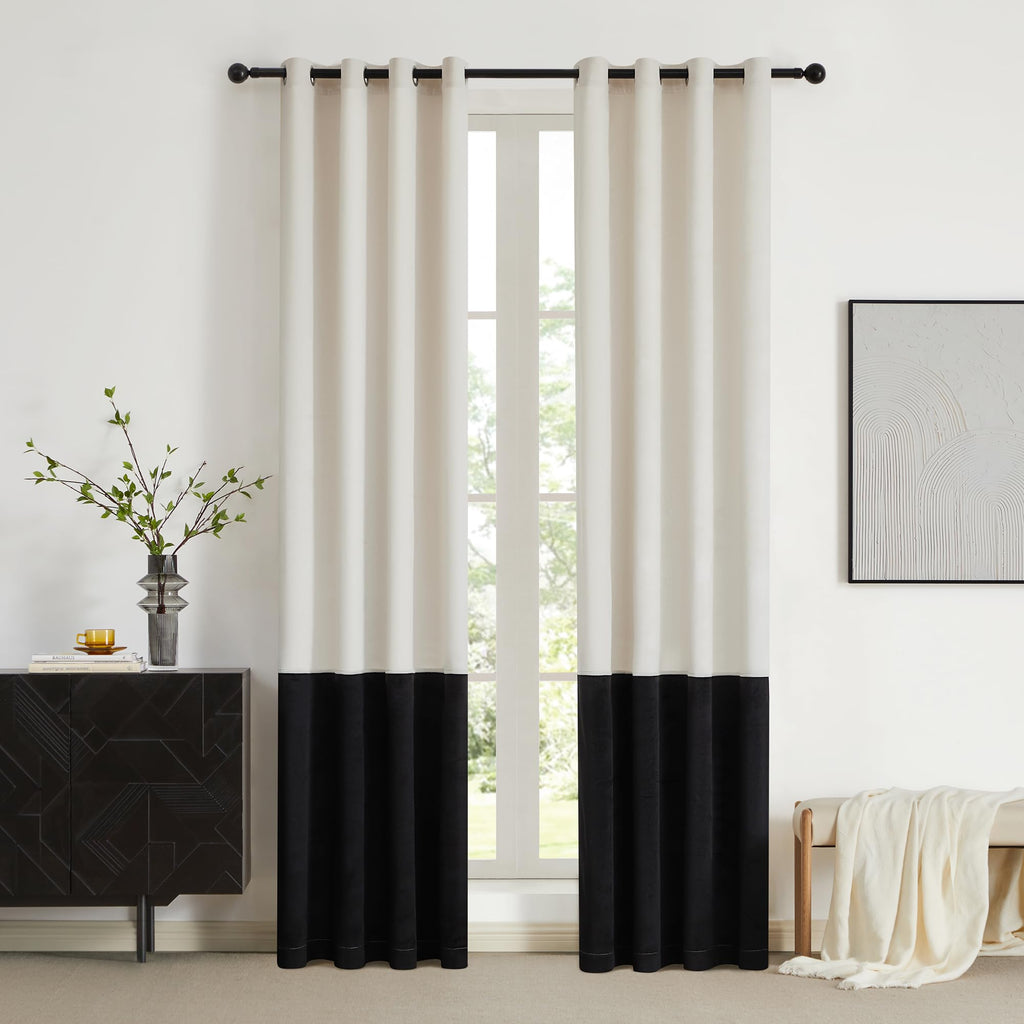BULBUL Cream 100% Full Blackout Velvet Curtains,84 inches Long Ivory Black Modern Liner Curtains Thermal Drapes Panels for Living Room Bedroom Grommet Set of 2
