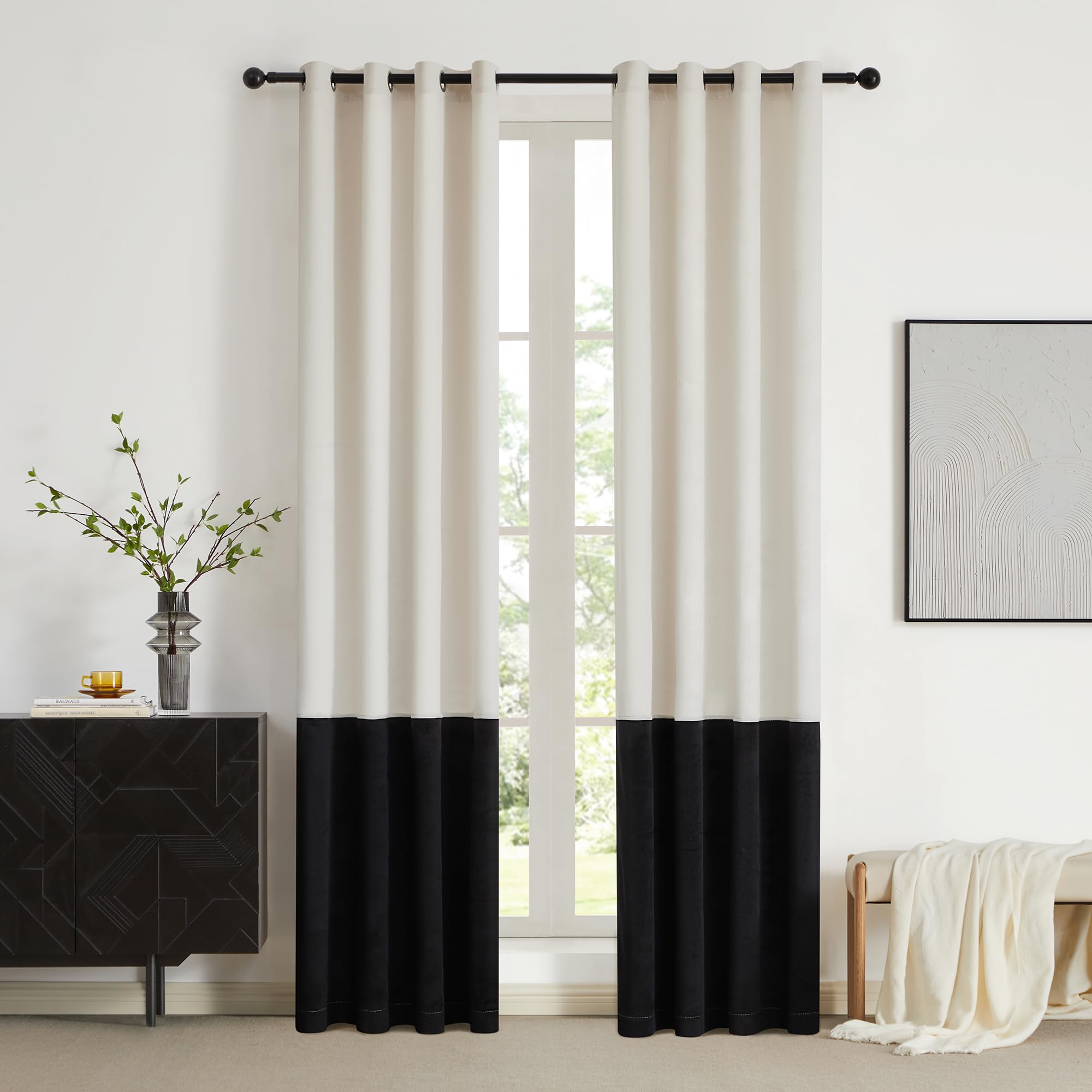 BULBUL Cream 100% Full Blackout Velvet Curtains,84 inches Long Ivory Black Modern Liner Curtains Thermal Drapes Panels for Living Room Bedroom Grommet Set of 2