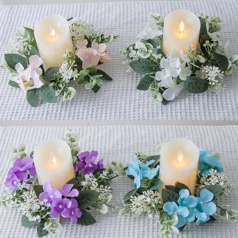 Skiennix Candle Rings - Artificial Hydrangea & Eucalyptus Wreaths for Pillar Candles | Purple, 2 Pcs Set