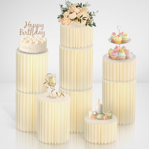 Merrifete Stacking-Block Design Cake Stands for Party, Customizable Height, Sturdy Cardboard Column with Acrylic Plate, Reusable Round Cylinder Stands for Party for Birthday, 9PCS, Milky White