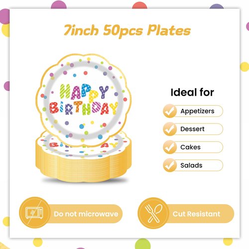 LDFDRT 7inch White and Gold Happy Birthday Paper Plates 50 pcs Party Decorations Rainbow Cake Dessert Plates Disposable Dinnerware Tableware for Birthday Party Supplies