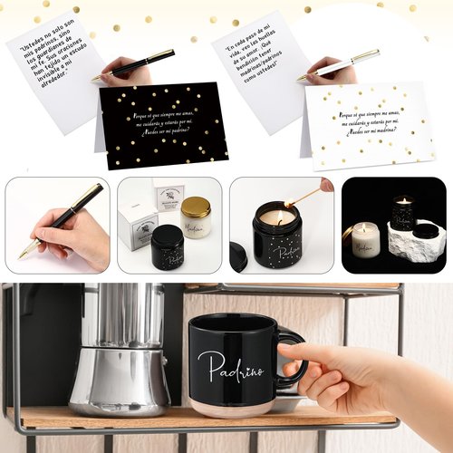 Baderke 2 Set 8 Pcs Godparents Proposal Gift Madrina Padrino Mug Will You Be My Godparents from Godchild Card Scented Candle Jar Ballpoint Pen Valentines Baptism Gift for Godmother Godfather(Spanish)