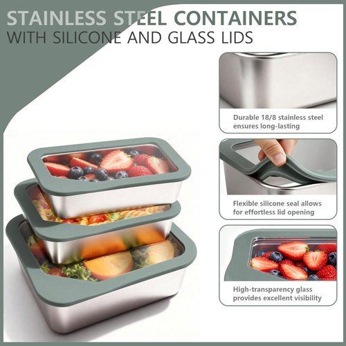 Greentainer Stainless Steel Food Storage Container with Glass Lids, 3 Pack Nested Lunch Boxes, Airtight Lid Food Container for Sandwiches, Snacks, Meal Prep and Kitchen Storage