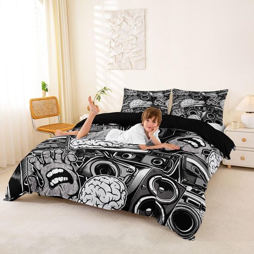 Feelyou Graffiti Bedding Set for Teens Boys Queen Rock Music Theme Duvet Cover Set Hip Hop Comforter Cover Set Kids Teenage Street Art Quilt Cover Hippie Room Decor Bedding with 2 Pillow Shams (3Pcs)