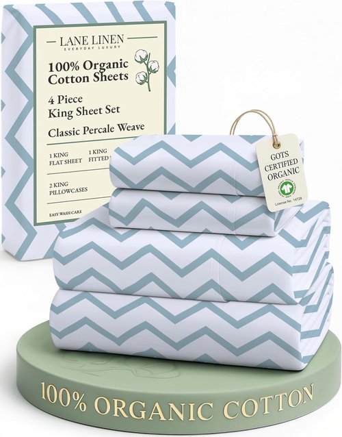 LANE LINEN King Sheets - 100% Organic Cotton Percale Bedding Set | Soft, Comfy & Temperature Regulating - Chevron Design