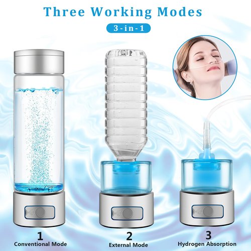 Hydrogen Water Bottle,6000 PPB Portable Hydrogen Water Generator, Dual Mode Glass Hydro Water Machine,Upgraded SPE/PEM & Exhaust Hole, for Travel,Sports,Home,Office & Gift (Silver)