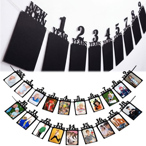 Breling 18th Happy Birthday Photo Banner Newborn to 18th Age Photo Banner Decorations 16th Party Picture Frame Garland Display Party Supplies(18 Years,Black)