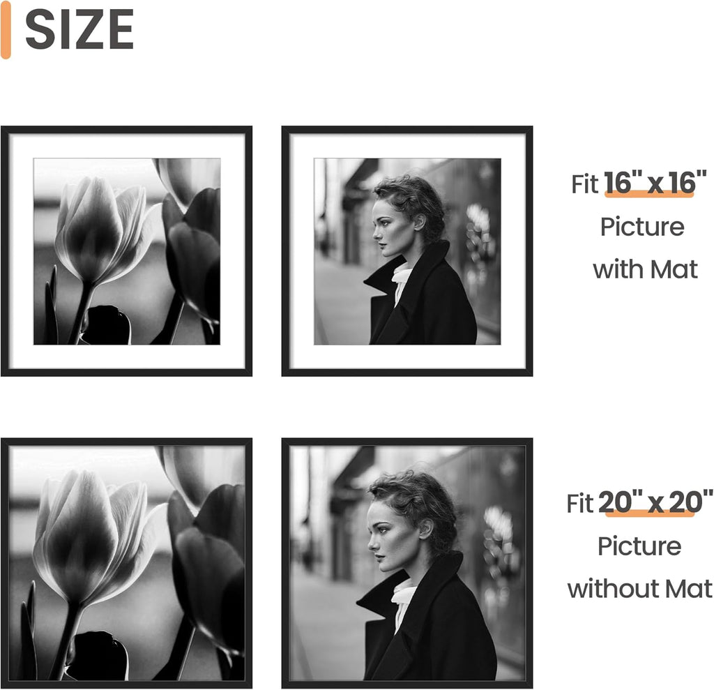 Upsimples 20x20 Picture Frame - Versatile Display for 16x16 Photos with Mat | Black, 1 Pack