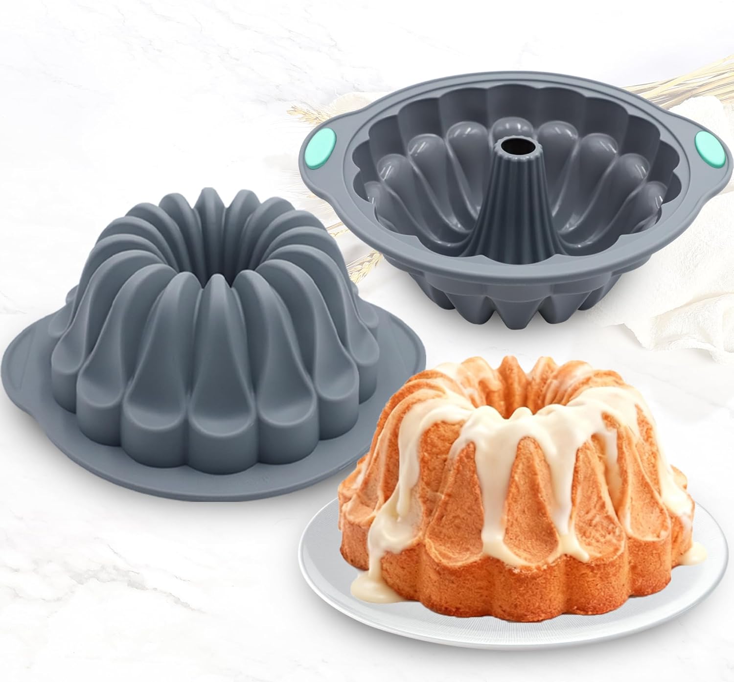 Tongjude Silicone Fluted Tube Cake Pans - 4-Piece Non-Stick Baking Set for Cakes, Jello & Bread - Grey