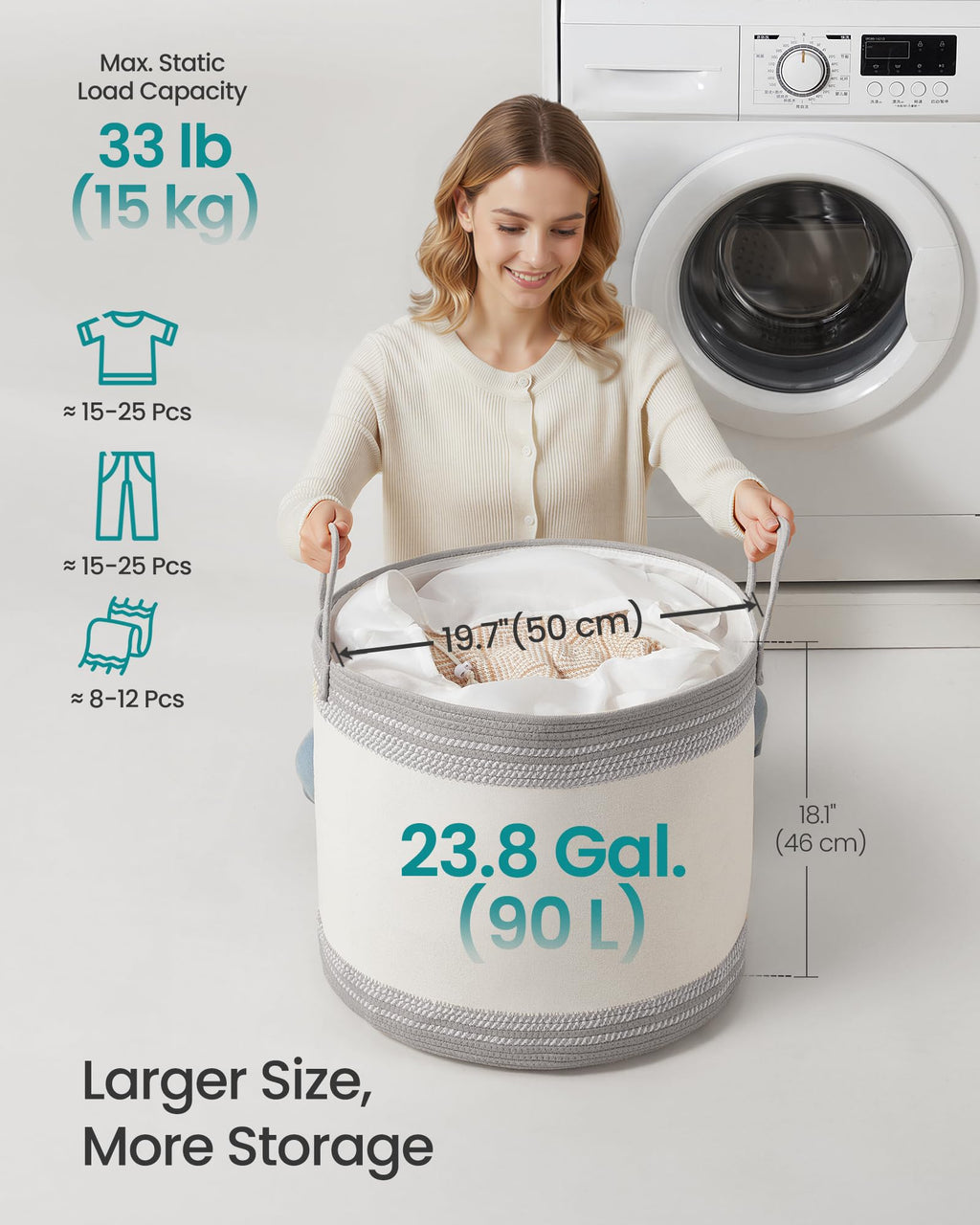 SONGMICS Laundry Hamper, Cotton Rope Laundry Basket with Handles, for Clothing, Living Room, Bedroom, 23.8 Gallons, 19.7 x 19.7 x 18.1 Inches, Cloud White and Dove Gray URLH090G01