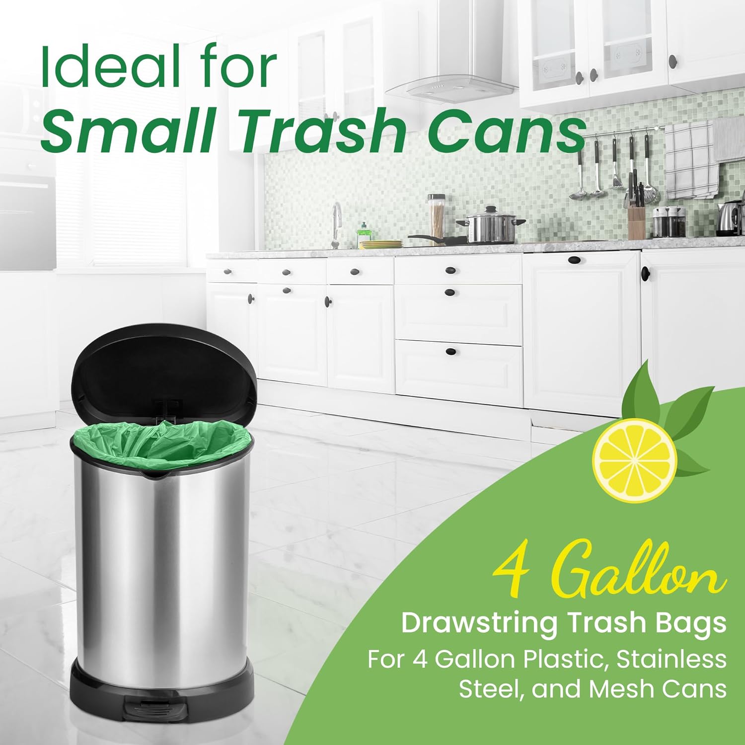 Reli. 4 Gallon Trash Bags - Citrus Scented Drawstring Garbage Liners | 50 Count for Small Cans