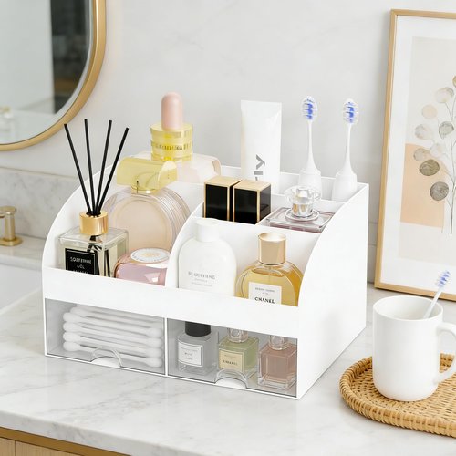 Makeup Organizer with 2 Drawers, Cosmetic Storage for Dresser Vanity and Bathroom Countertop,Make up organization and Skincare Storage with Beauty Brush Holder, Cosmetic Display Case (White)