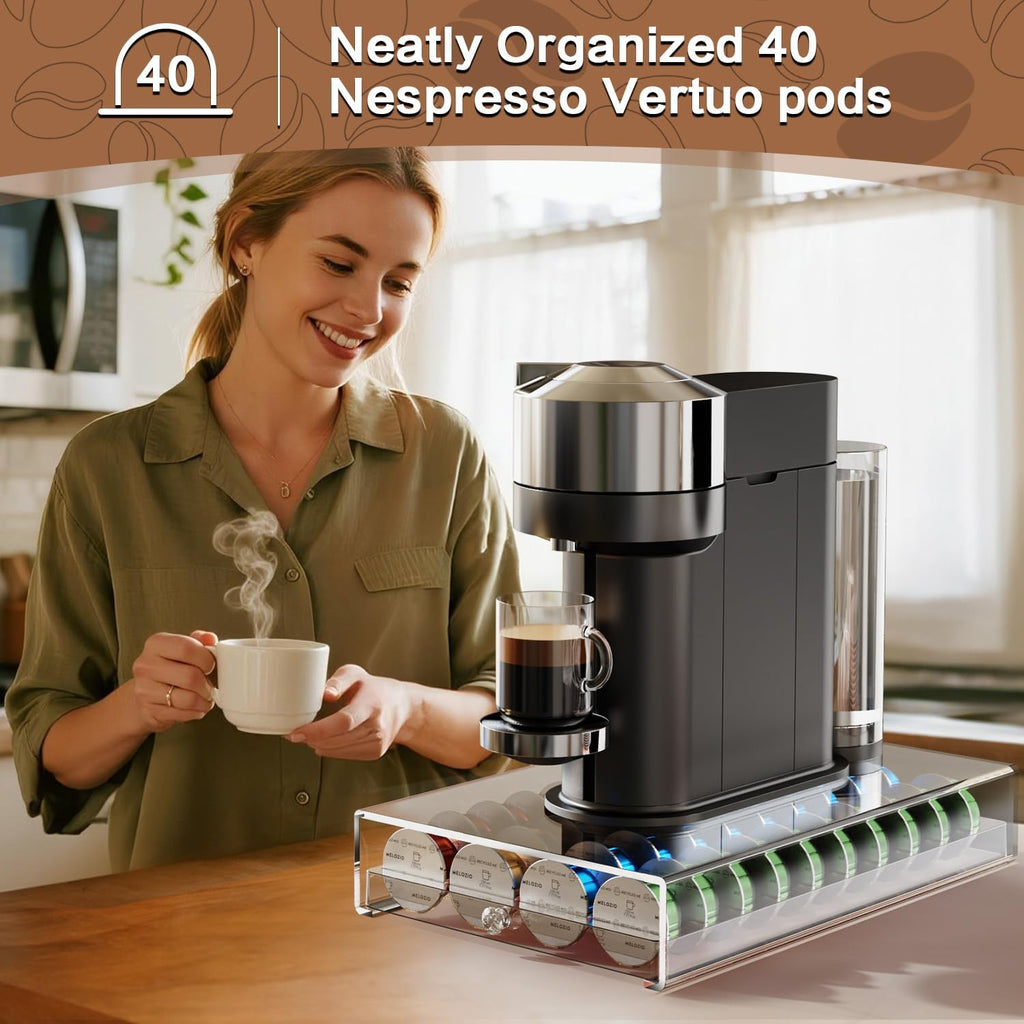 Skiennix Coffee Pods Holder - Acrylic Drawer for Nespresso Vertuo & Dolce Gusto | 40 Pods Storage Solution