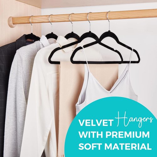 HOUSE DAY Premium Velvet Hangers - 50 Pack Black Non-Slip Flocked Felt | Sturdy 360° Rotatable Hook