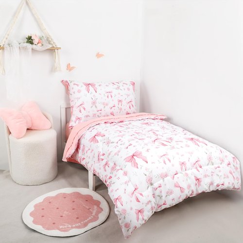 Jundetye Toddler Bedding Set for Girls 4 Pieces Pink Rose, Soft Breathable Toddler Comforter Set, Bow Flower Print, Includes Reversible Comforter, Fitted Sheet and Flat Sheet, Pillowcase