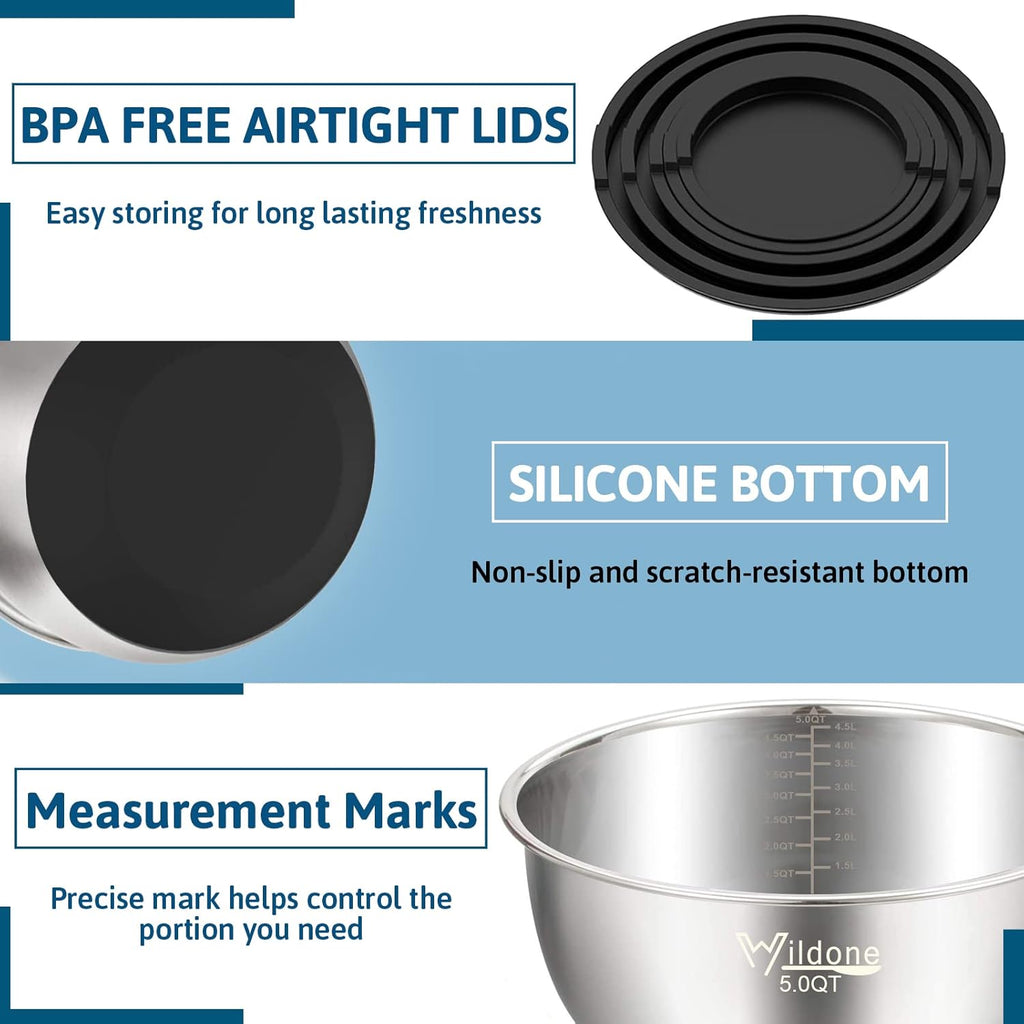 Wildone Mixing Bowls Set of 5 - Stainless Steel with Airtight Lids & Non-Slip Silicone Bottoms | 1.5 to 8 QT