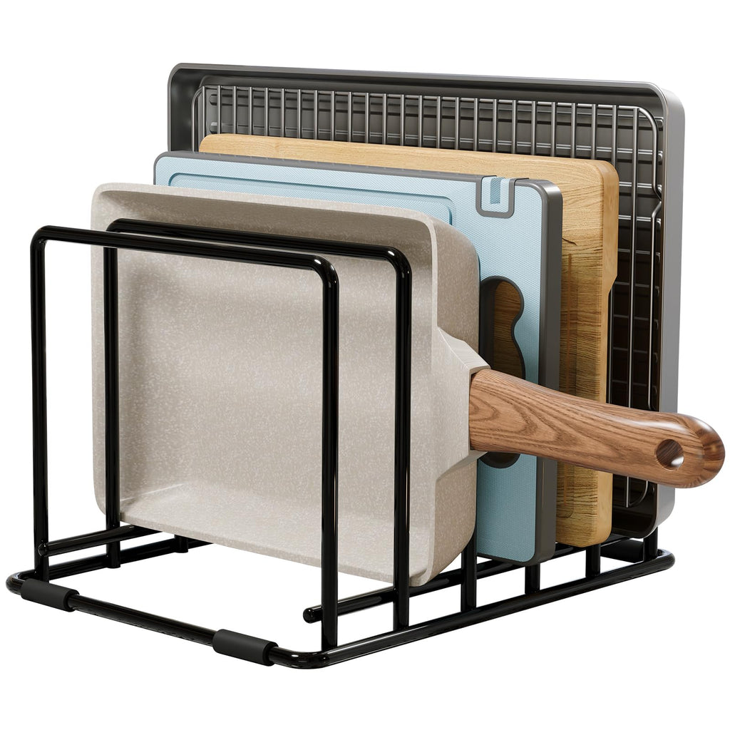 WUGEUSCH Kitchen Pan Organizer and Pot Rack, 5-Slot Steel Holder for Thin Pans, Baking Trays, and Cutting Boards - Space-Saving Storage