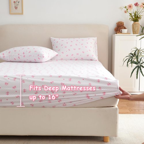 Nayoroom Twin Sheet Set - Cute Pink Bow Bed Sheets Set for Kids Girls, 3 Pieces Soft Microfiber Heart Bed Set with 1 Deep Pocket Fitted Sheet, 1 Flat Sheet, 1 Pillowcase