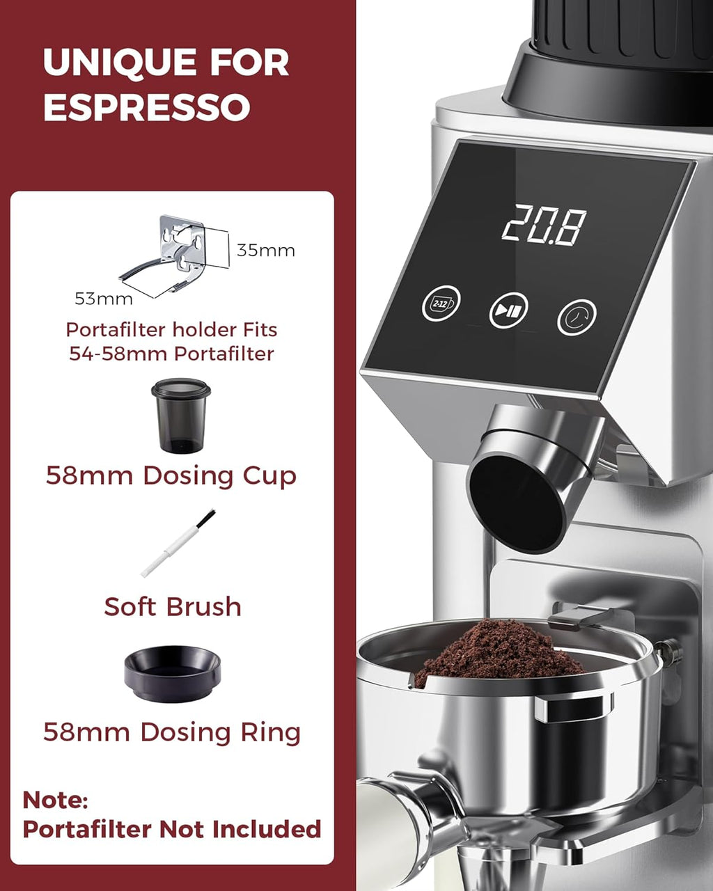 Tuni G1 Conical Burr Coffee Grinder - 48 Grind Settings & Precision Timer | Stainless Steel, Silver