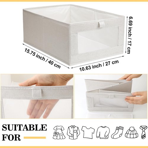 Kigley 12 Pcs Linen Closet Organizers - Foldable Clothing Bins with Window for Easy Storage | Beige