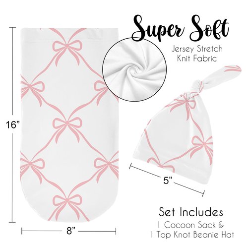 Sweet Jojo Designs Baby Cocoon Swaddle & Beanie (Pink Bows) for Girls, Infant/Newborn Wearable Blanket Jersey Set, Going Home Outfit (Blush, Bow for Ballerina, Ballet Dancer, Princess Collection)