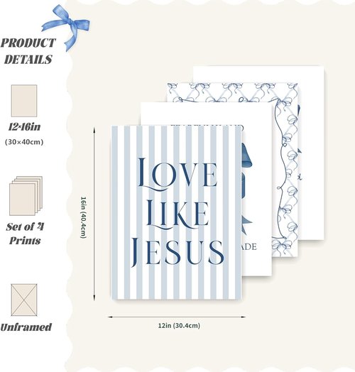 LARTSFRO Coquette Wall Art Decor - Navy Blue Bow Christian Posters | Inspirational Bible Verses | 12x16 Inch Set of 4 Unframed
