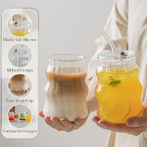 Ribbed Glass Cups with Lids and Straws – Unique Glasses for Iced Coffee, 18oz Vintage Design, Ideal Wavy Coffee Cups with Straws, Bubble Glass Aesthetic, Clear Ribbed Glasses