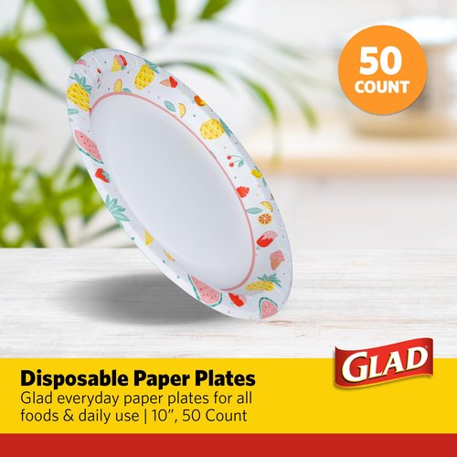 Glad Round Disposable Paper Plates, Picnic Pattern - Strong, Sturdy, Soak Proof, and Microwavable Decorative Plates for Dinner and Everyday Use, 10 Inch, 50 Count
