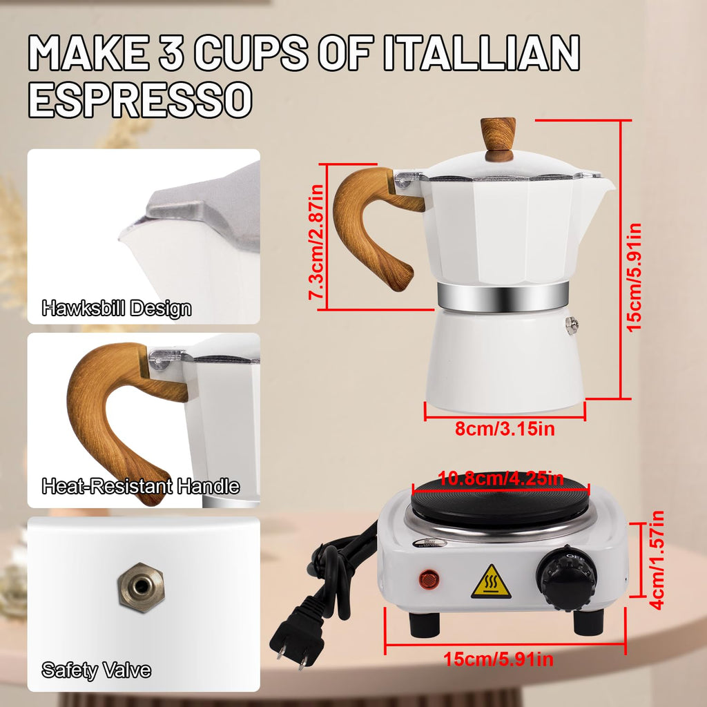 DITOSH 7-in-1 Moka Pot Espresso Set with Electric Stove 3 Cup Aluminum Stovetop Coffee Maker Percolator Italian Classic Mocha Coffee Machine with Hand Grinder Sealing Canister Spoon Portable Camping
