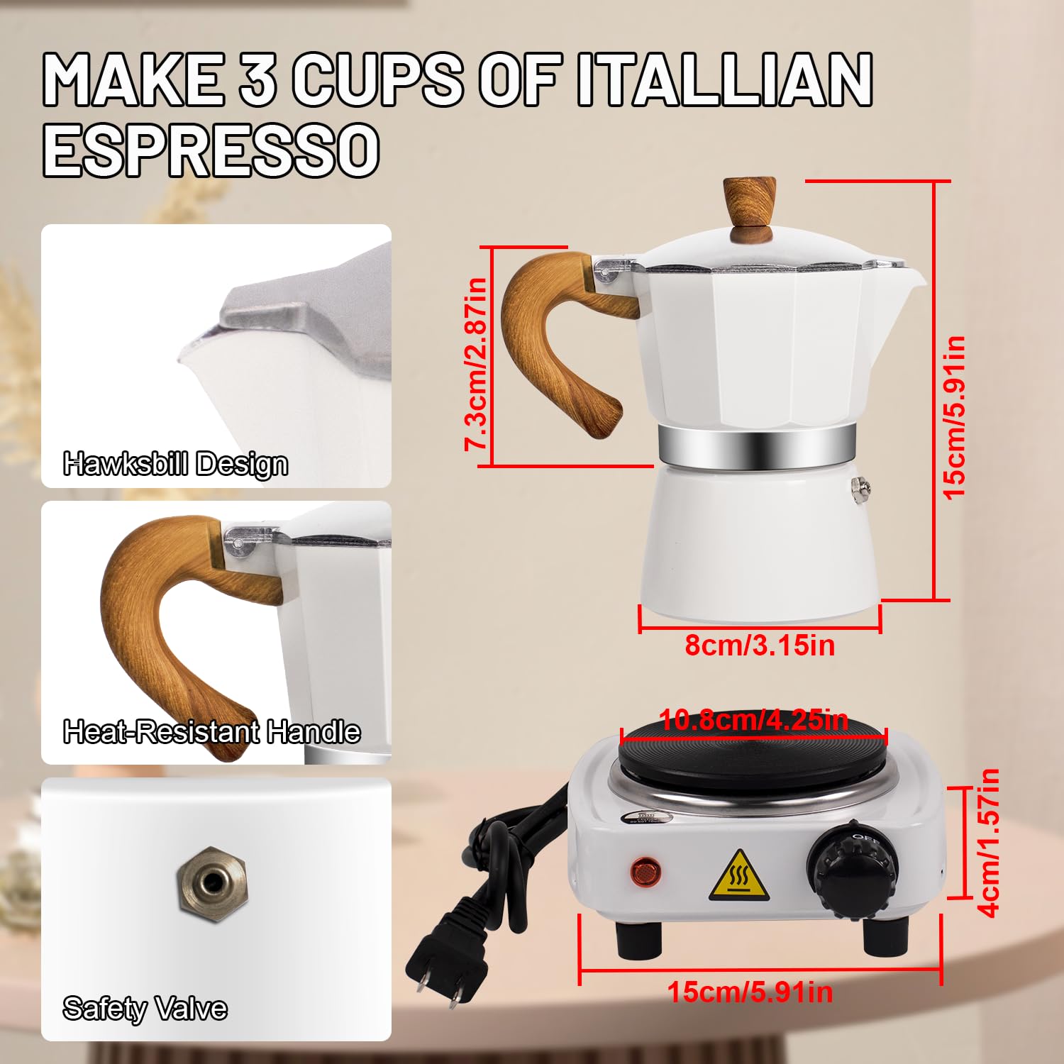 DITOSH 7-in-1 Moka Pot Espresso Set with Electric Stove 3 Cup Aluminum Stovetop Coffee Maker Percolator Italian Classic Mocha Coffee Machine with Hand Grinder Sealing Canister Spoon Portable Camping