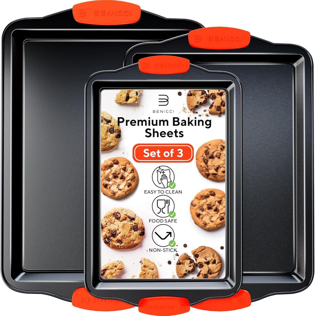 Premium Non-Stick Baking Sheets Set of 3 - Deluxe BPA-Free, Easy-Clean Racks with Silicone Handles | Perfect for Cookies and Pastries