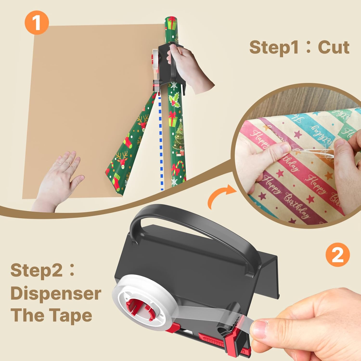 Wraprocut Wrapping Paper Cutter & Tape Dispenser - 2-Pack with 4 Tapes for Easy Holiday Gift Wrapping